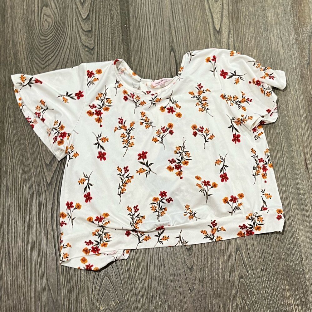 Pink Peony Womens Floral Crop Blouse Cut Out Tie Back Crewneck White Size Small